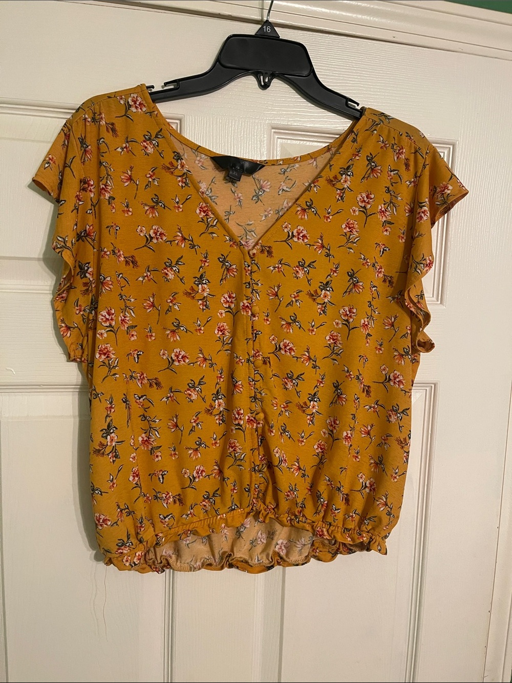 Mustard Floral V-Neck Short Sleeve Top